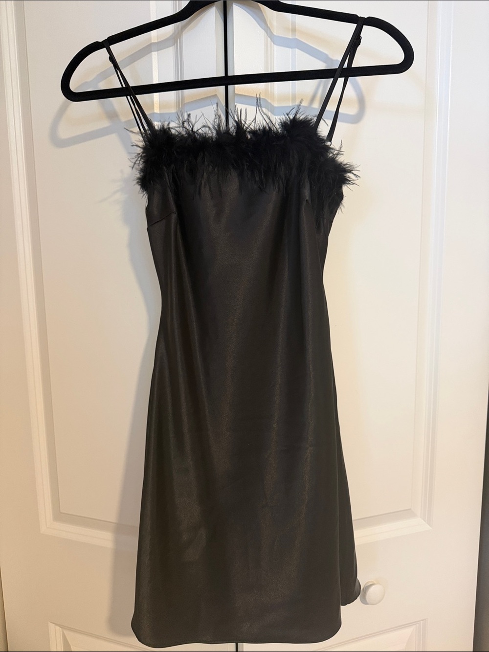 Black Feather-Trim Slip Dress with Open Back